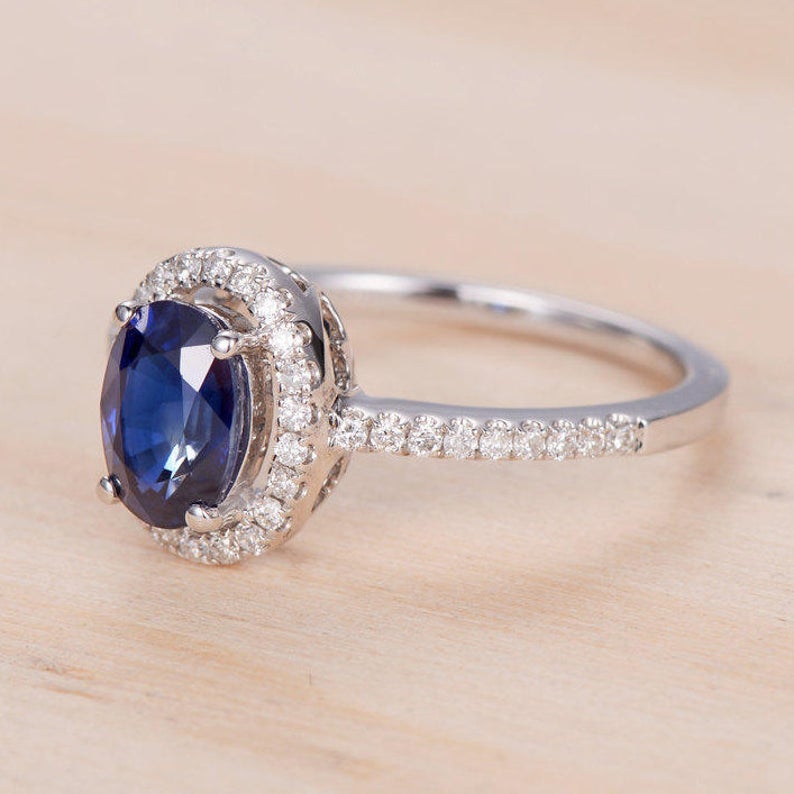 2 CT Oval Cut Blue Sapphire Diamond White Gold Over On 925 Sterling Silver Halo Anniversary Ring