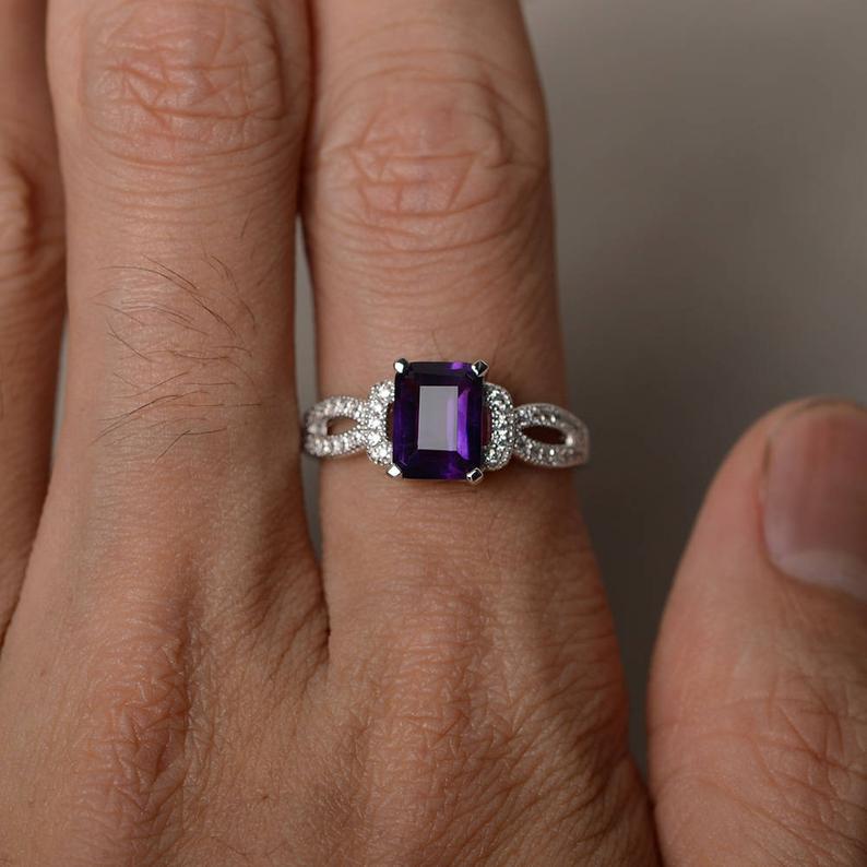 2.50 Ct Emerald Cut Purple Amethyst 925 Sterling Silver Solitaire W/Accents Anniversary Gift Ring