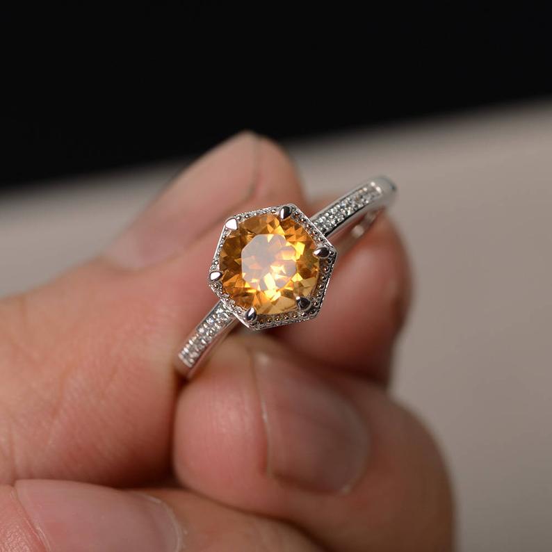 1.25 Ct Round Cut Yellow Citrine & White CZ Solitaire W/Accents Ring In 925 Sterling Silver