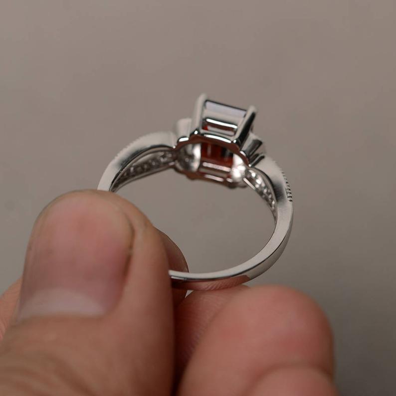 2.25 Ct Emerald Cut Red Garnet 925 Sterling Silver Solitaire W/Accents Engagement Ring