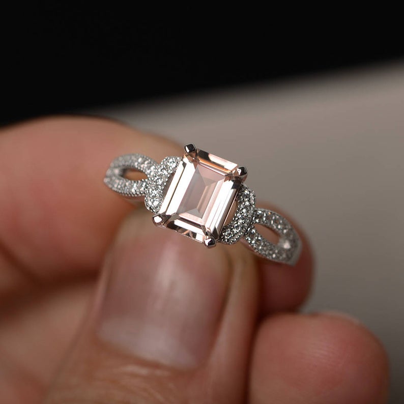 2.25 Ct Emerald Cut Morganite Solitaire W/Accents Engagement Ring In 925 Sterling Silver