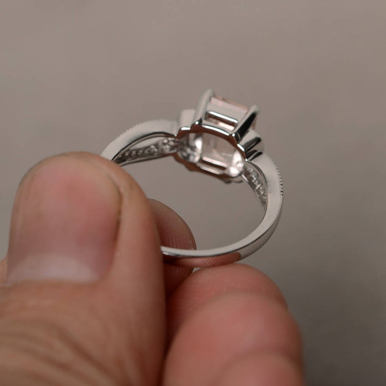 2.25 Ct Emerald Cut Morganite Solitaire W/Accents Engagement Ring In 925 Sterling Silver