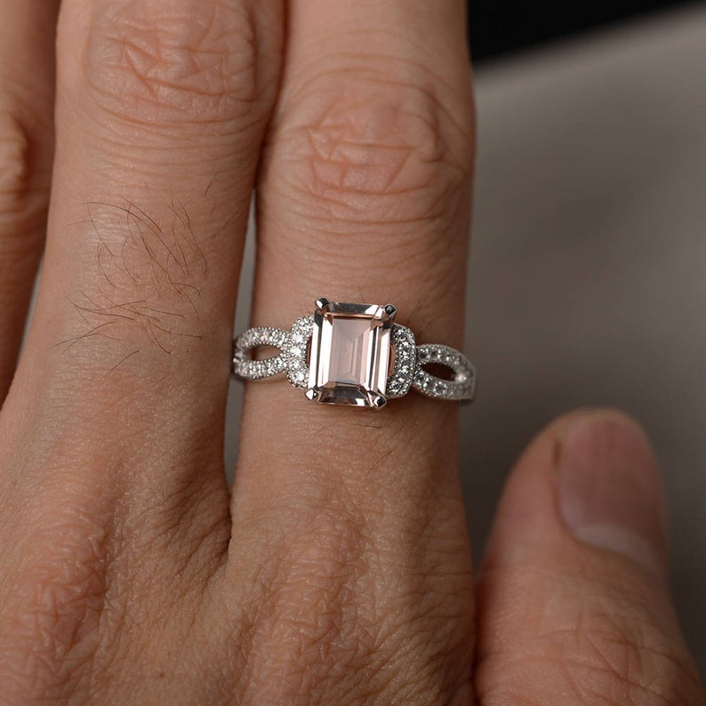2.25 Ct Emerald Cut Morganite Solitaire W/Accents Engagement Ring In 925 Sterling Silver