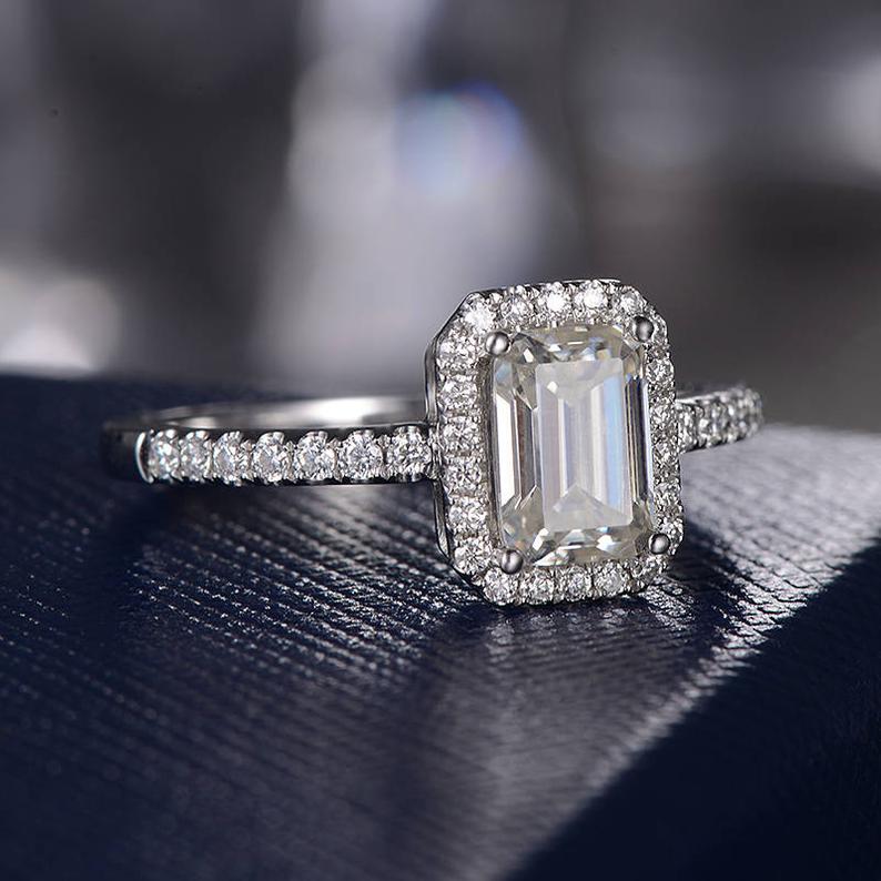 1 CT Emerald Cut Diamond White Gold Over On 925 Sterling Silver Halo Anniversary Ring