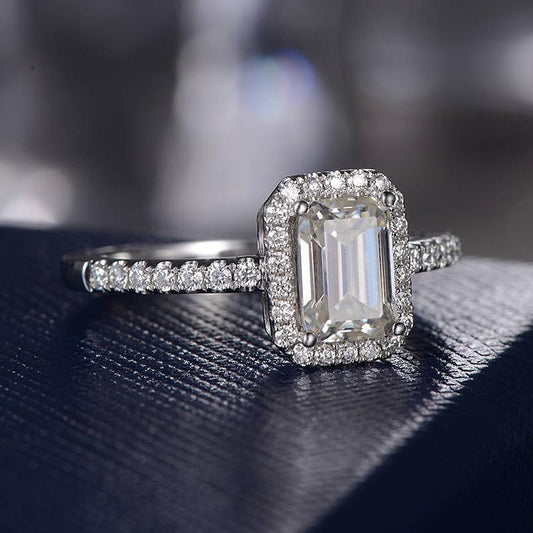 1 CT Emerald Cut Diamond White Gold Over On 925 Sterling Silver Halo Anniversary Ring