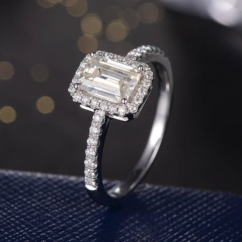 1 CT Emerald Cut Diamond White Gold Over On 925 Sterling Silver Halo Anniversary Ring