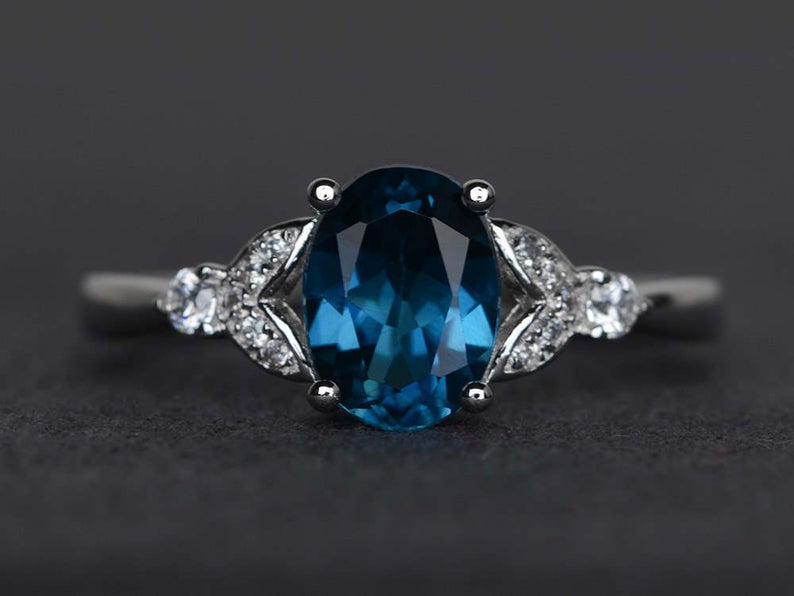 1 CT 925 Sterling Silver Blue Topaz Oval Cut Diamond Engagement Promise Ring
