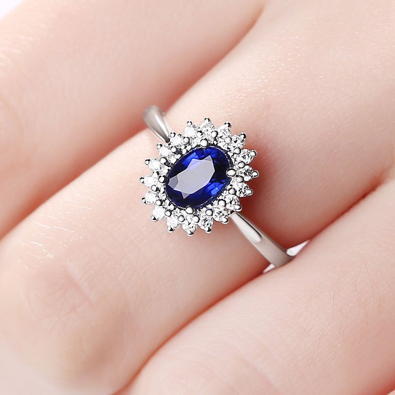 1 CT Oval Cut Blue Sapphire Diamond White Gold Over On 925 Sterling Silver Halo Engagement Ring