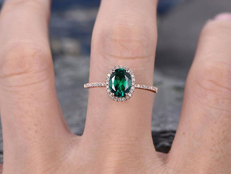 1.25 Ct Oval Cut Green Emerald Halo Engagement Ring Rose Gold Over On 925 Sterling Silver