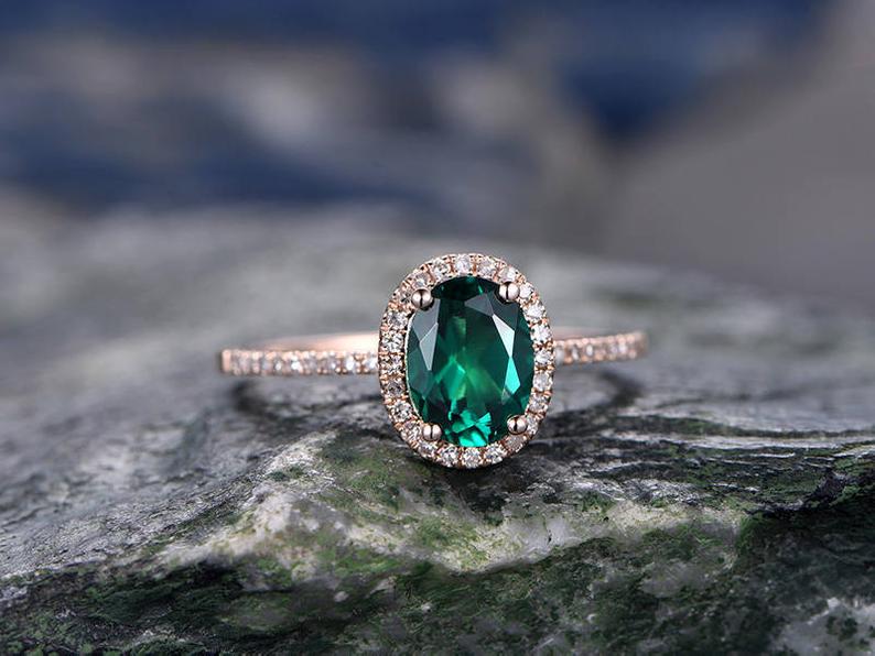 1.25 Ct Oval Cut Green Emerald Halo Engagement Ring Rose Gold Over On 925 Sterling Silver