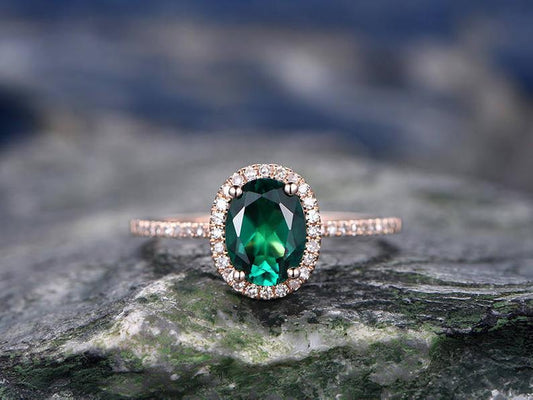 1.25 Ct Oval Cut Green Emerald Halo Engagement Ring Rose Gold Over On 925 Sterling Silver