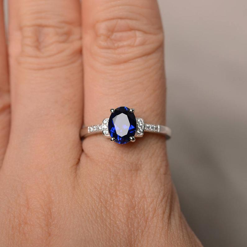 1.75 Ct Oval Cut Blue Sapphire 925 Sterling Silver Solitaire W/Accents Engagement Ring