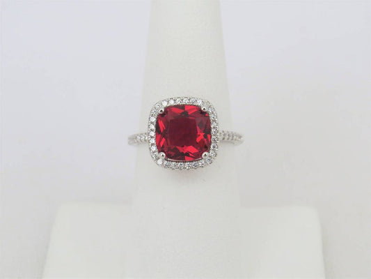 1 CT Cushion Cut Ruby & White Topaz Diamond 925 Sterling Silver Halo Anniversary Ring
