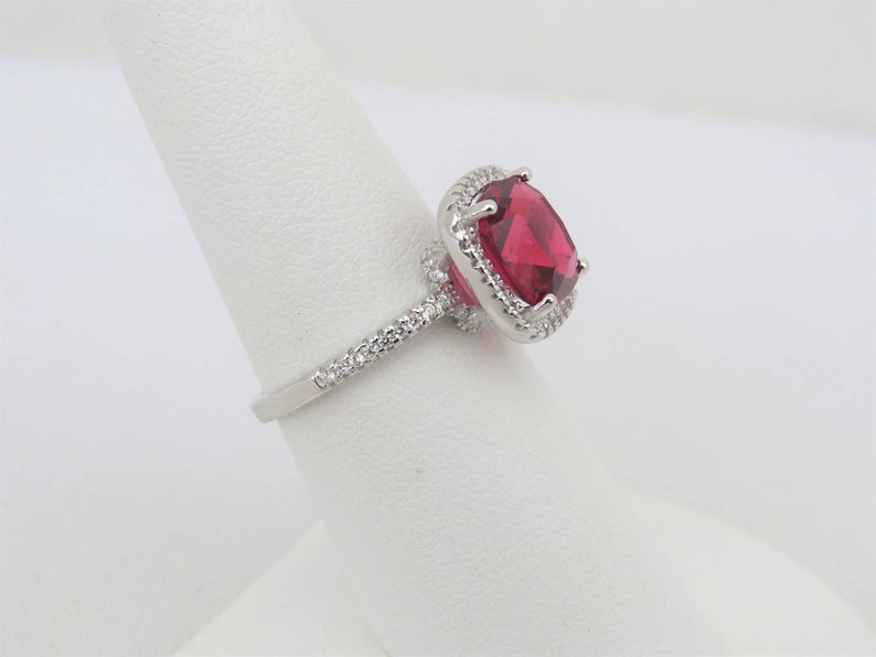 1 CT Cushion Cut Ruby & White Topaz Diamond 925 Sterling Silver Halo Anniversary Ring