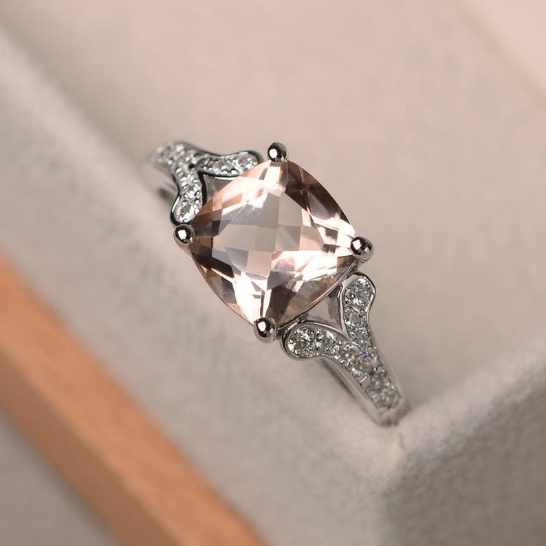 2.25 Ct Cushion Cut Peach Morganite 925 Sterling Silver Unique Engagement Ring