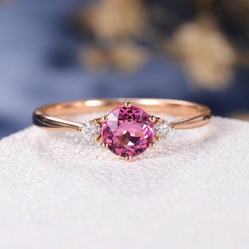 1.20 Ct Round Cut Tourmaline & White CZ Three-Stone Promise Ring In Rose Gold Over On 925 Sterling Silver