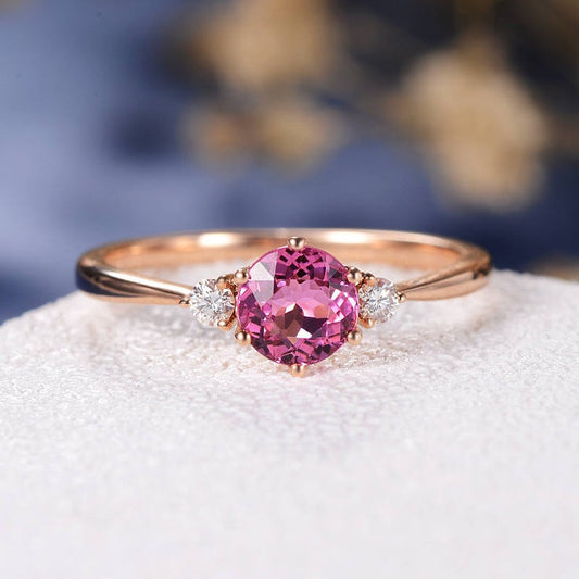 1.20 Ct Round Cut Tourmaline & White CZ Three-Stone Promise Ring In Rose Gold Over On 925 Sterling Silver