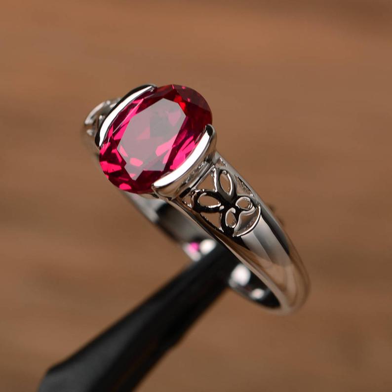 1.00 Ct Oval Cut Red Ruby Bezel Set Solitaire Promise Gift Ring In 925 Sterling Silver