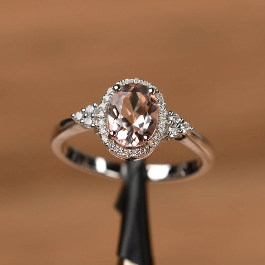 1 CT Oval Cut Morganite Diamond White Gold Over On 925 Sterling Silver Engagement Halo Ring