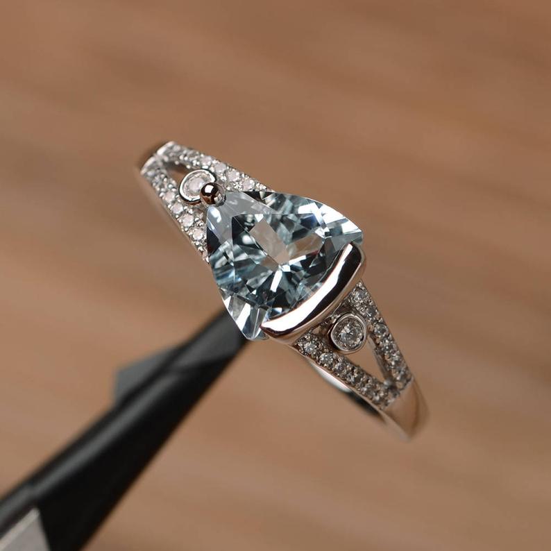 1.25 Ct Trillion Cut Aquamarine 925 Sterling Silver Solitaire W/Accents Anniversary Gift Ring