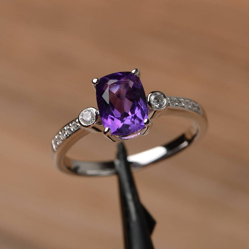 1.50 Ct Cushion Cut Purple Amethyst 925 Sterling Silver Solitaire W/Accents Anniversary Ring