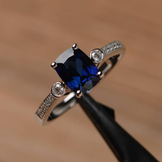 2 Ct Cushion Cut Blue Sapphire 925 Sterling Silver Solitaire W/Accents Anniversary Gift Ring