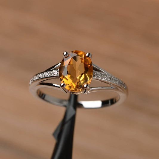 1.25 Ct Oval Cut Yellow Citrine 925 Sterling Silver Solitaire W/Accents November Birthstone Ring