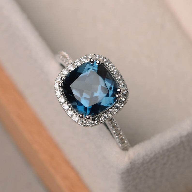2 CT Cushion Cut London blue topaz Diamond 925 Sterling Sliver Engagement Halo Ring