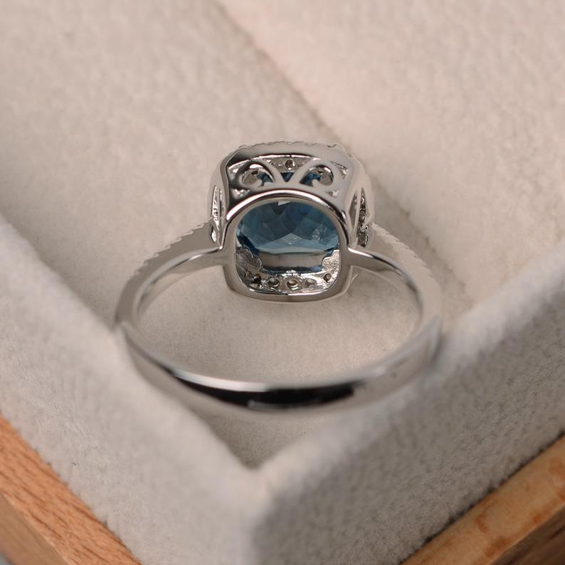 2.10 Ct Cushion Cut London Blue Topaz 925 Sterling Silver Halo Engagement Ring