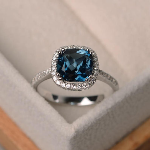 2.10 Ct Cushion Cut London Blue Topaz 925 Sterling Silver Halo Engagement Ring
