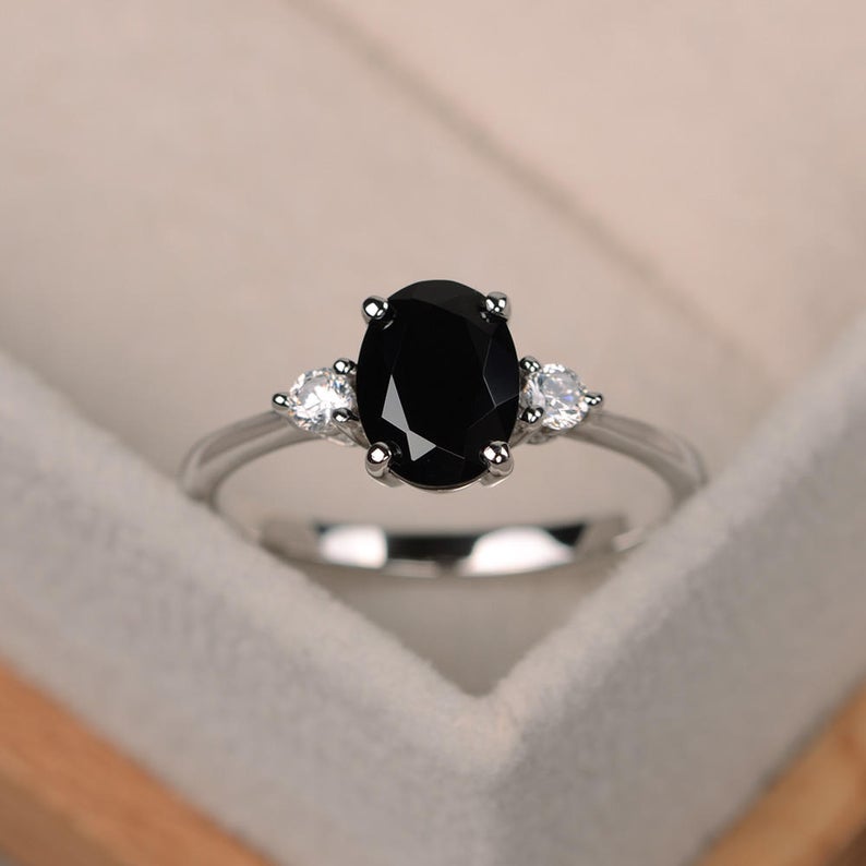 Ct Oval Cut Black Diamond 925 Sterling Silver Three-Stone Promise Gift Ring