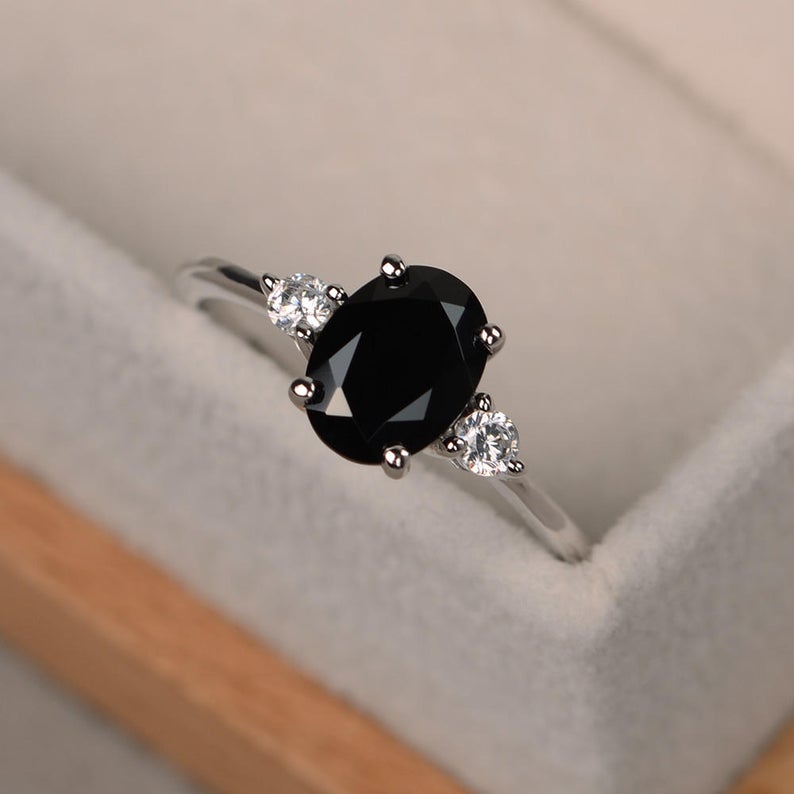 1.20 Ct Oval Cut Black Diamond 925 Sterling Silver Three-Stone Promise Gift Ring