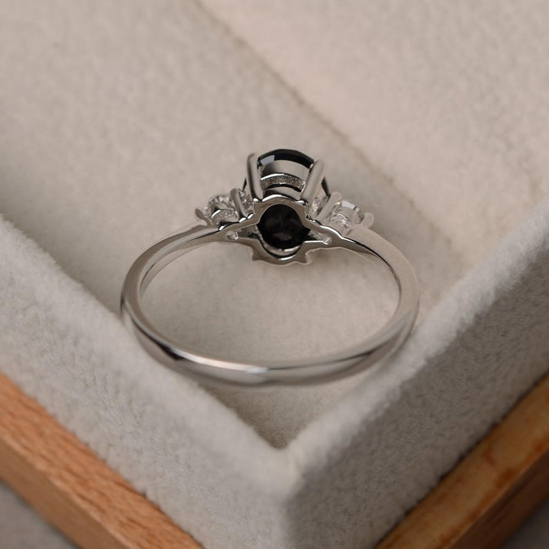 1.20 Ct Oval Cut Black Diamond 925 Sterling Silver Three-Stone Promise Gift Ring