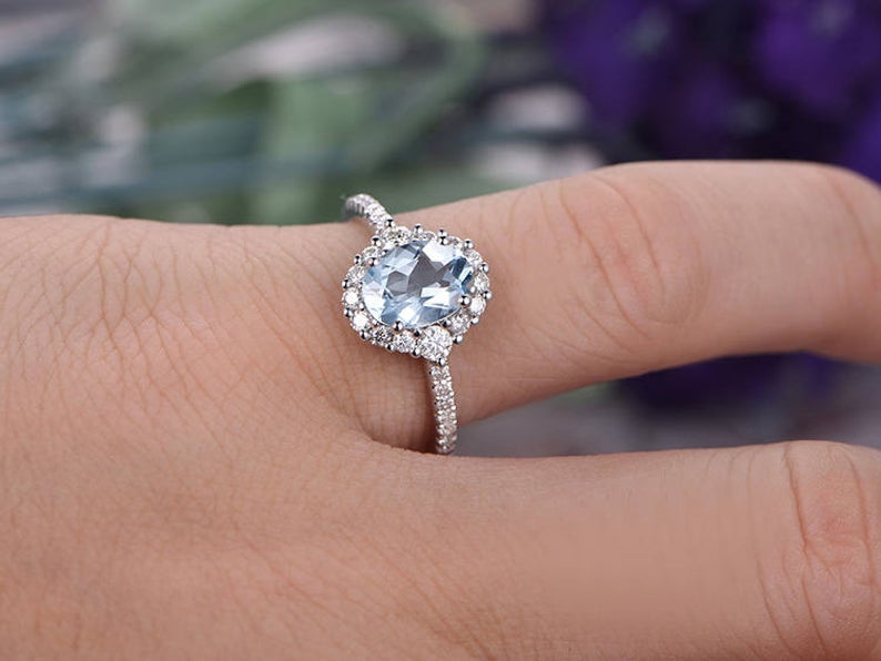 1.50 Ct Oval Cut Aquamarine 925 Sterling Silver Halo Anniversary Gift Ring For Her