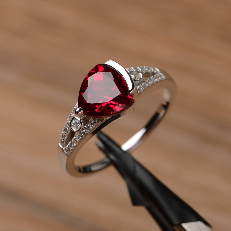 1.50 Ct Trillion Cut Red Ruby 925 Sterling Silver Solitaire W/Accents Engagement Ring