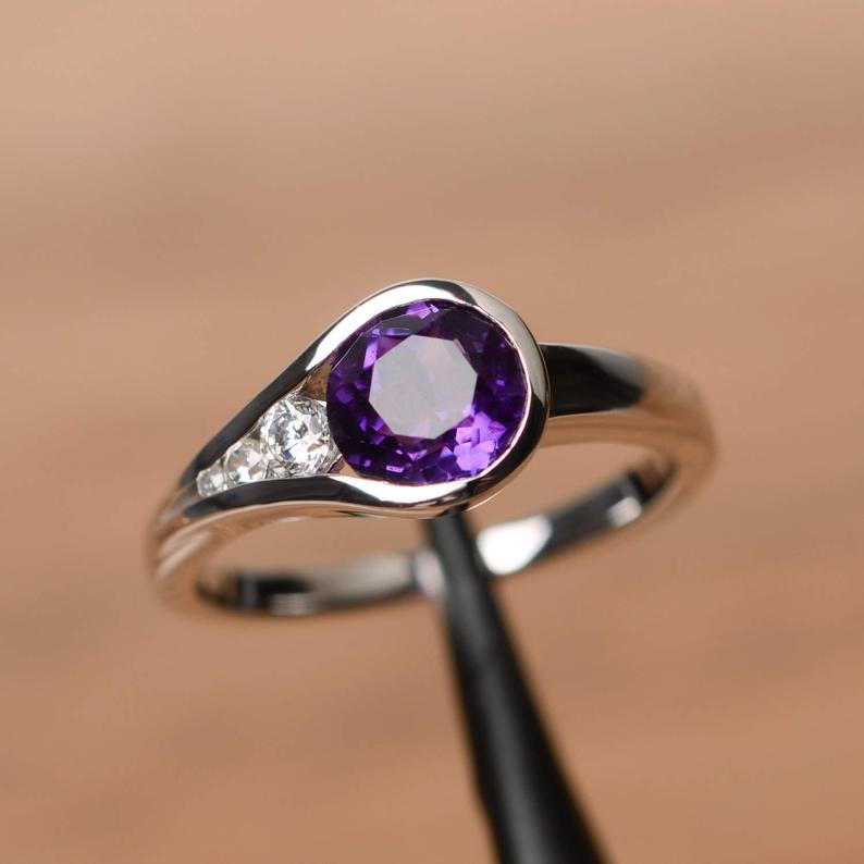 1.20 Ct Round Cut Purple Amethyst & White CZ Unique February Birthstone Ring In 925 Sterling Silver