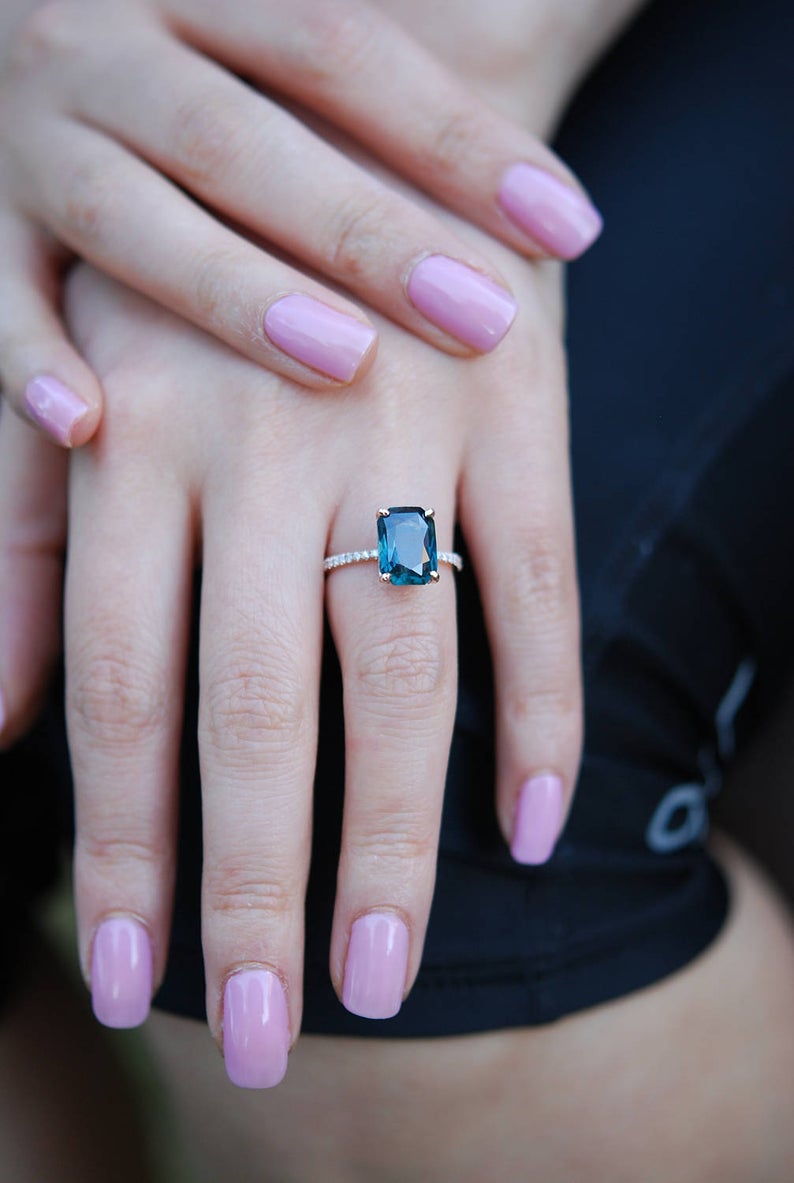 1 CT Emerald Cut London Blue Topaz Diamond Rose Gold Over On 925 Sterling Silver Engagement Ring