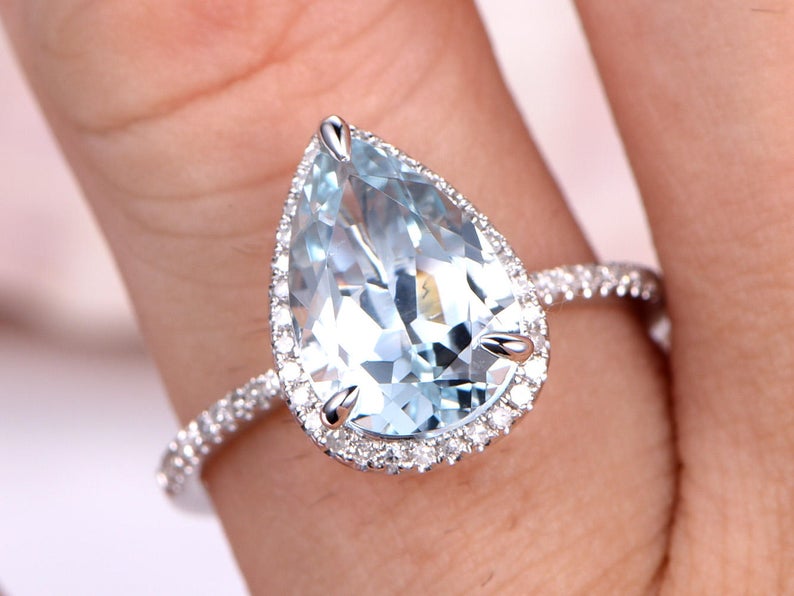 3 CT Pear Cut Aquamarine Diamond White Gold Over On 925 Sterling Silver Halo Wedding Ring