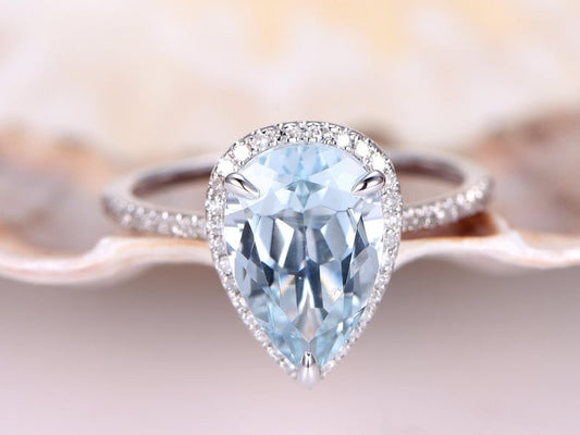 3 CT Pear Cut Aquamarine Diamond White Gold Over On 925 Sterling Silver Halo Wedding Ring