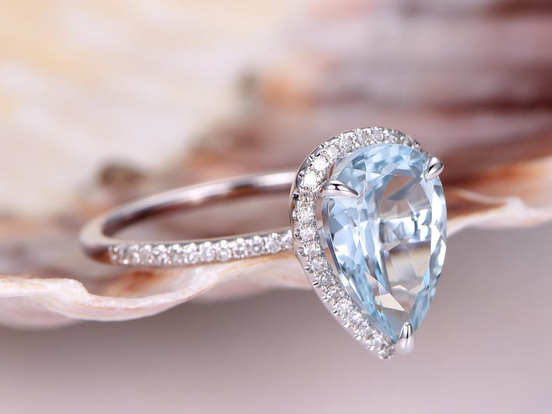 3 CT Pear Cut Aquamarine Diamond White Gold Over On 925 Sterling Silver Halo Wedding Ring