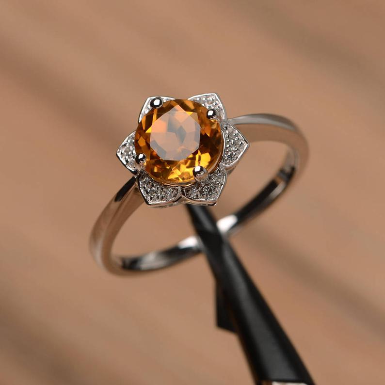 1.50 Ct Round Cut Yellow Citrine 925 Sterling Silver Floral Engagement Ring