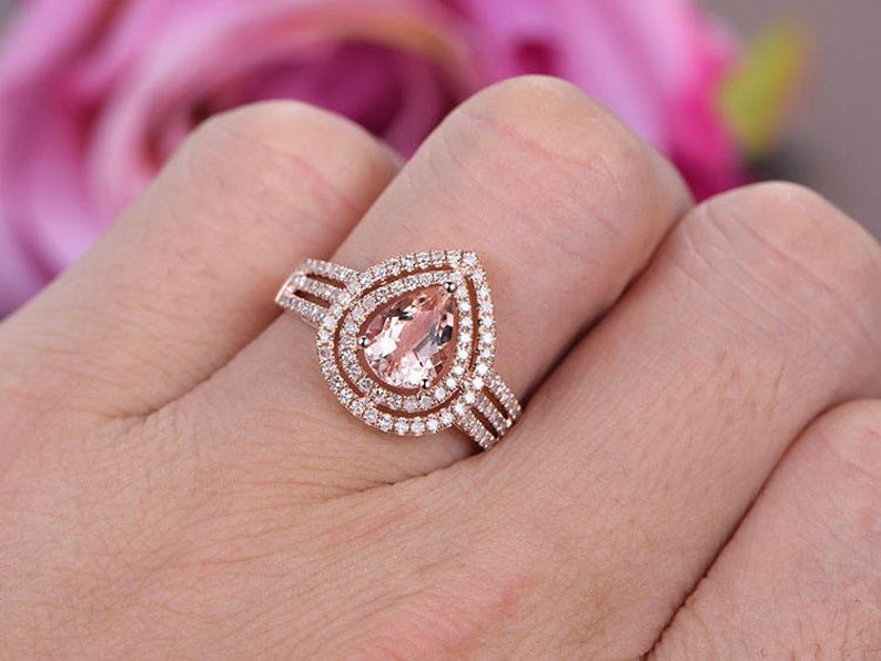 2 CT Pear Cut Morganite Diamond 925 Sterling Silver Double Halo Engagement Ring