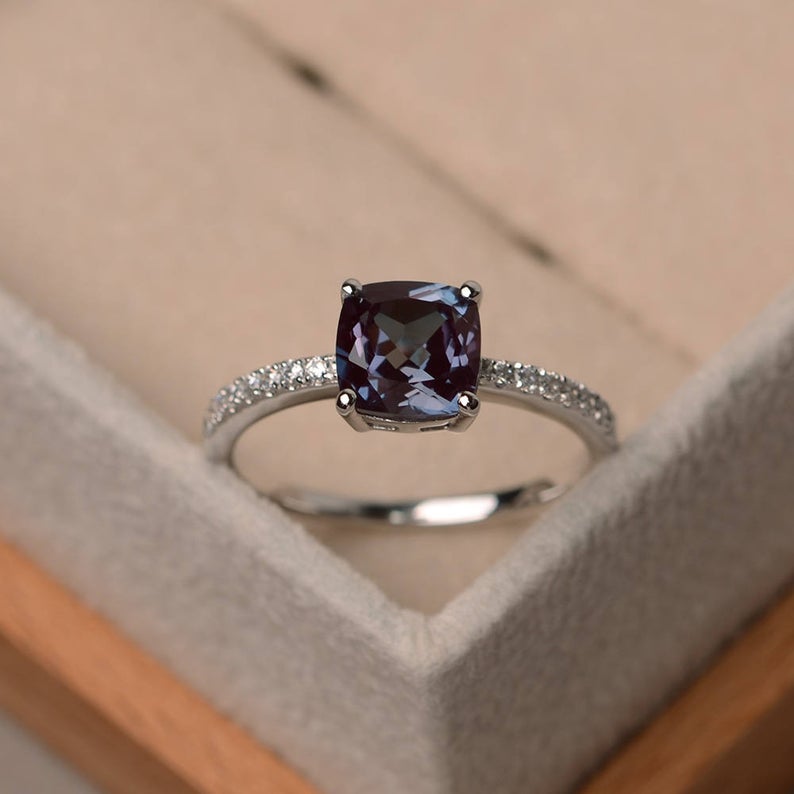 1.50 Ct Cushion Cut Alexandrite 925 Sterling Silver Solitaire W/Accents Wedding Ring