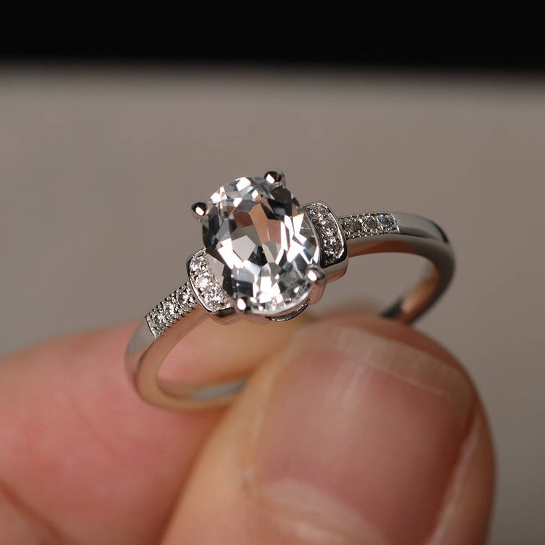 1.75 Ct Oval Cut White Topaz Solitaire W/Accents Engagement Ring In 925 Sterling Silver