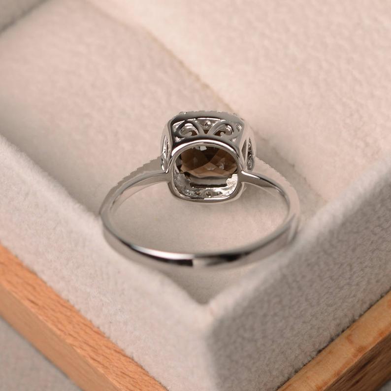 2.10 Ct Cushion Cut Smoky Quartz Halo Diamond Engagement Ring In 925 Sterling Silver