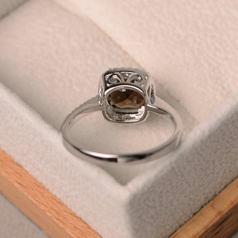 2.20 Ct Cushion Cut Smoky Quartz White Gold Over On 925 Sterling Silver Halo Ring