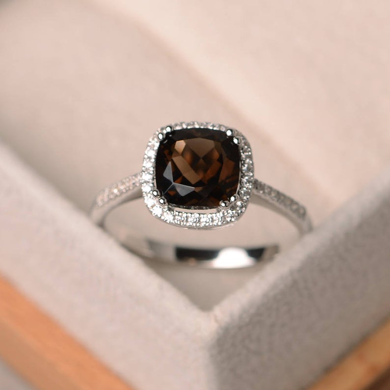 2.20 Ct Cushion Cut Smoky Quartz White Gold Over On 925 Sterling Silver Halo Ring