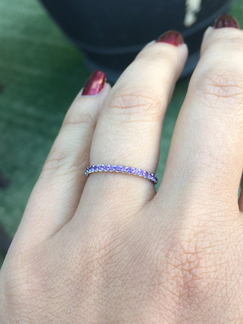 1 CT Round Cut Amethyst Diamond 925 Sterling Silver Half Eternity Band Ring