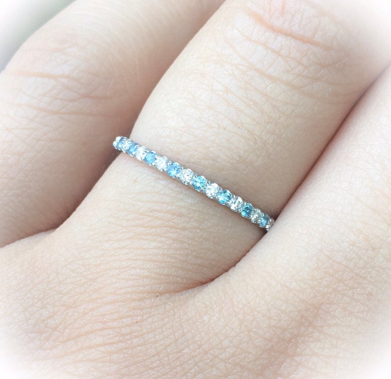 0.25 CT Round Cut Aquamarine Diamond 925 Sterling Silver Half Eternity Wedding Band Ring