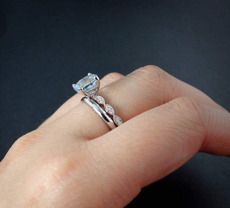 1 CT Oval Blue Aquamarine Diamond White Gold Over On  925 Sterling Silver Bridal Ring Set